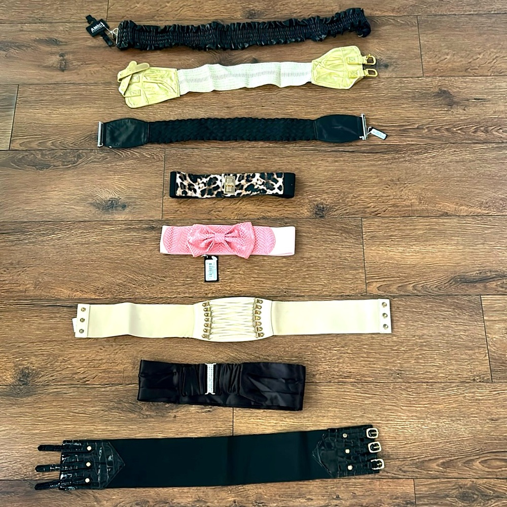 BEBE Lot of Belts Pink Bow Rhinestone Cinch Corset Leather Ruffle P/S NWT Y2K